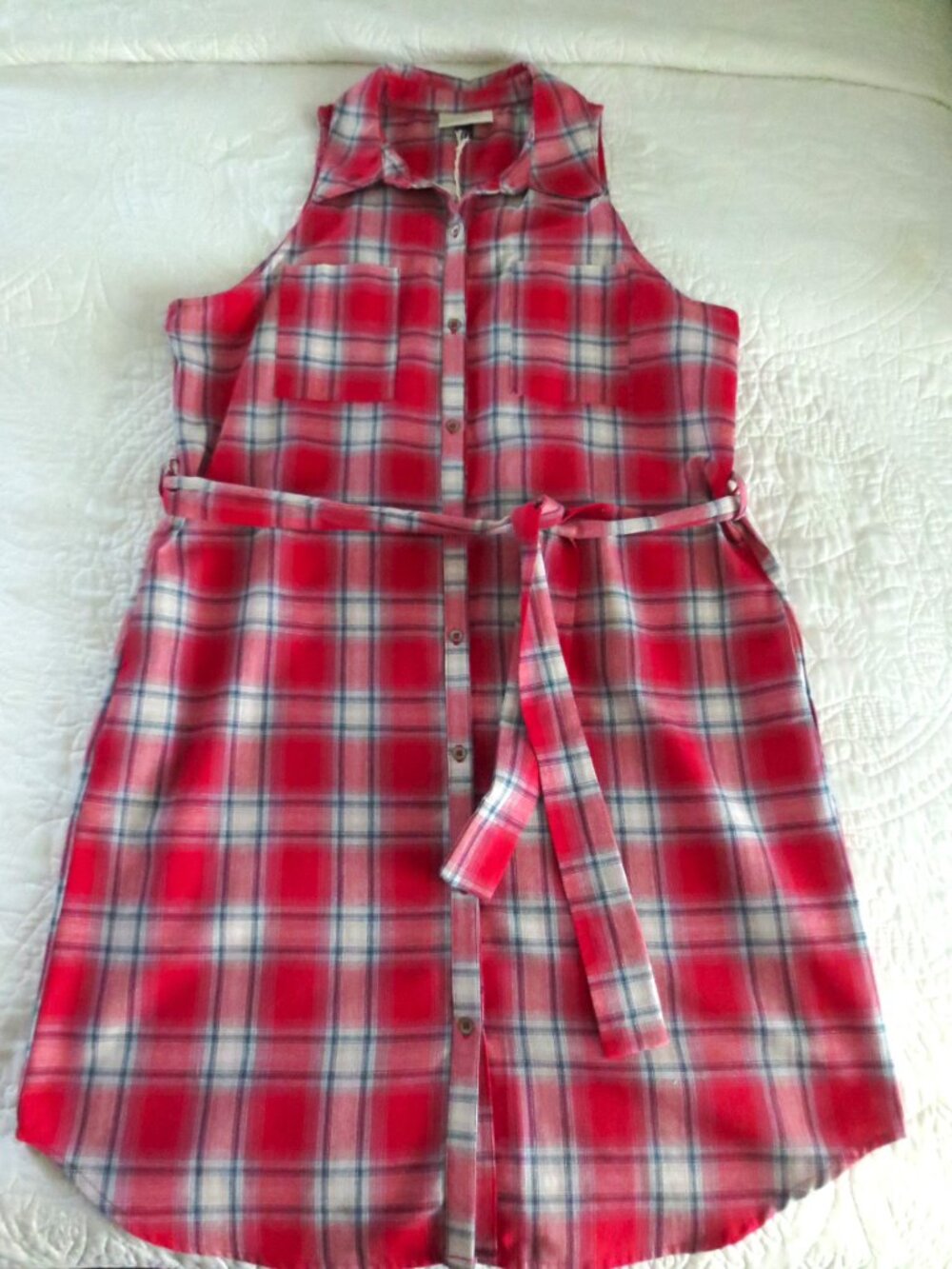 Classic Americana Red & White Plaid Button Front Short Sleeve Shirt Dress - Picture 8 of 15